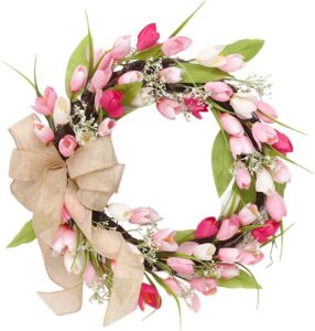 18 Inch Artificial Tulip Flower Wreath Pink Tulip Door Wreath with Bow Amazon