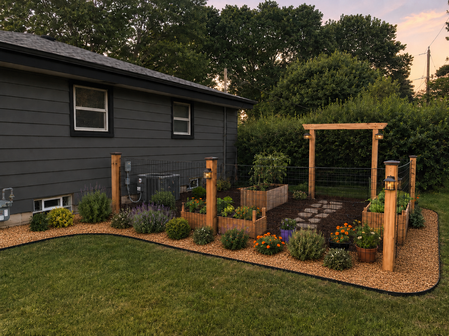 DIY above ground garden boxes vegetable backyard Evening garden retreat with warm lighting