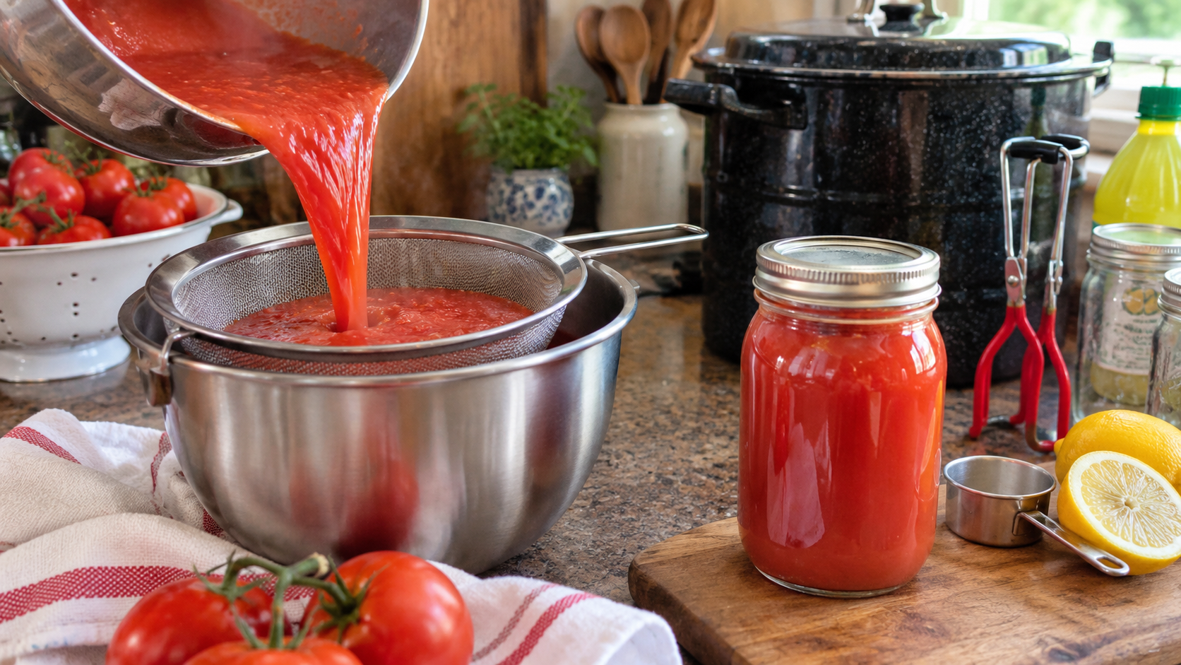 homemade tomato juice being strained for canning