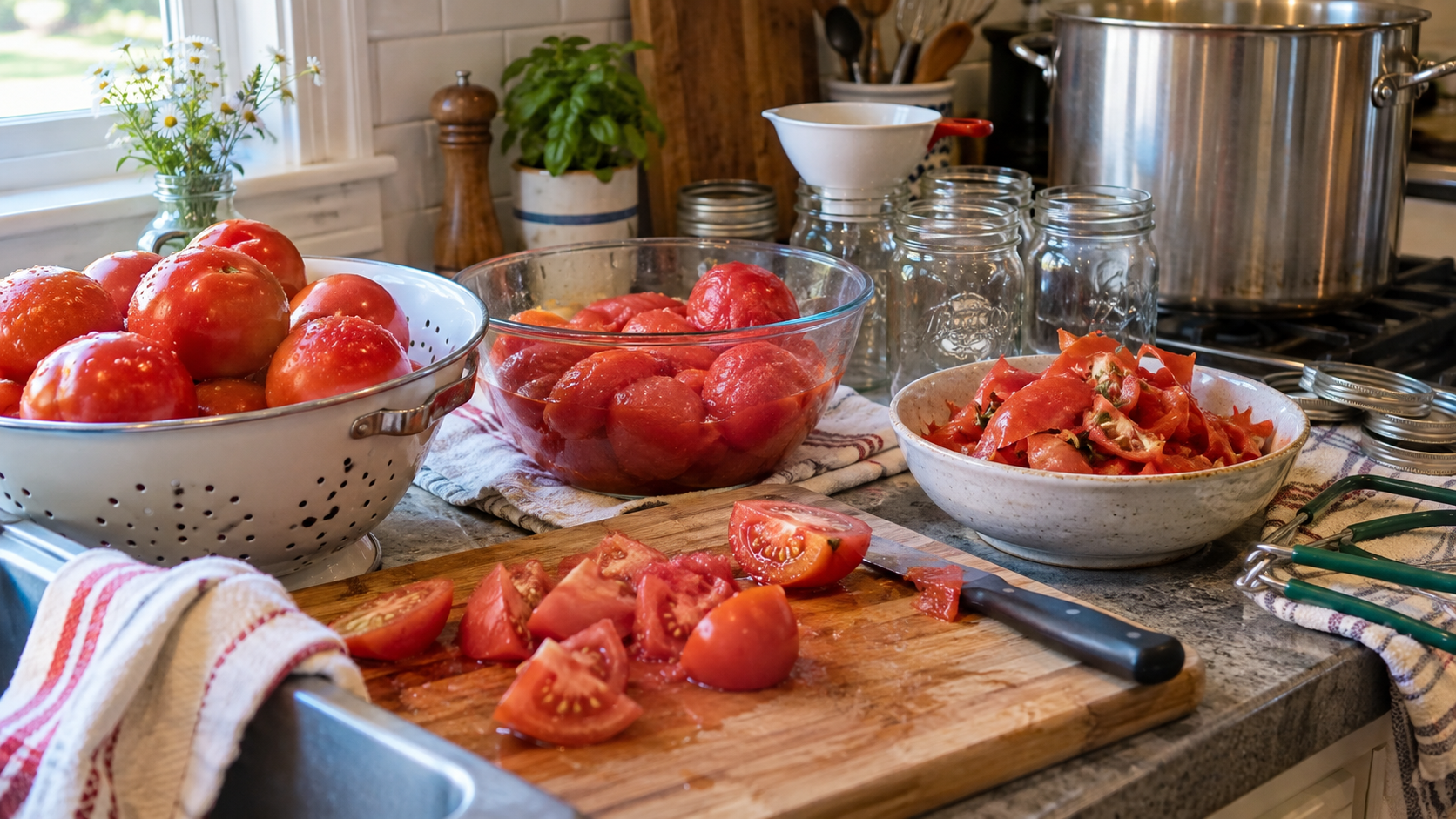 peeled and chopped tomatoes prepared for home canning