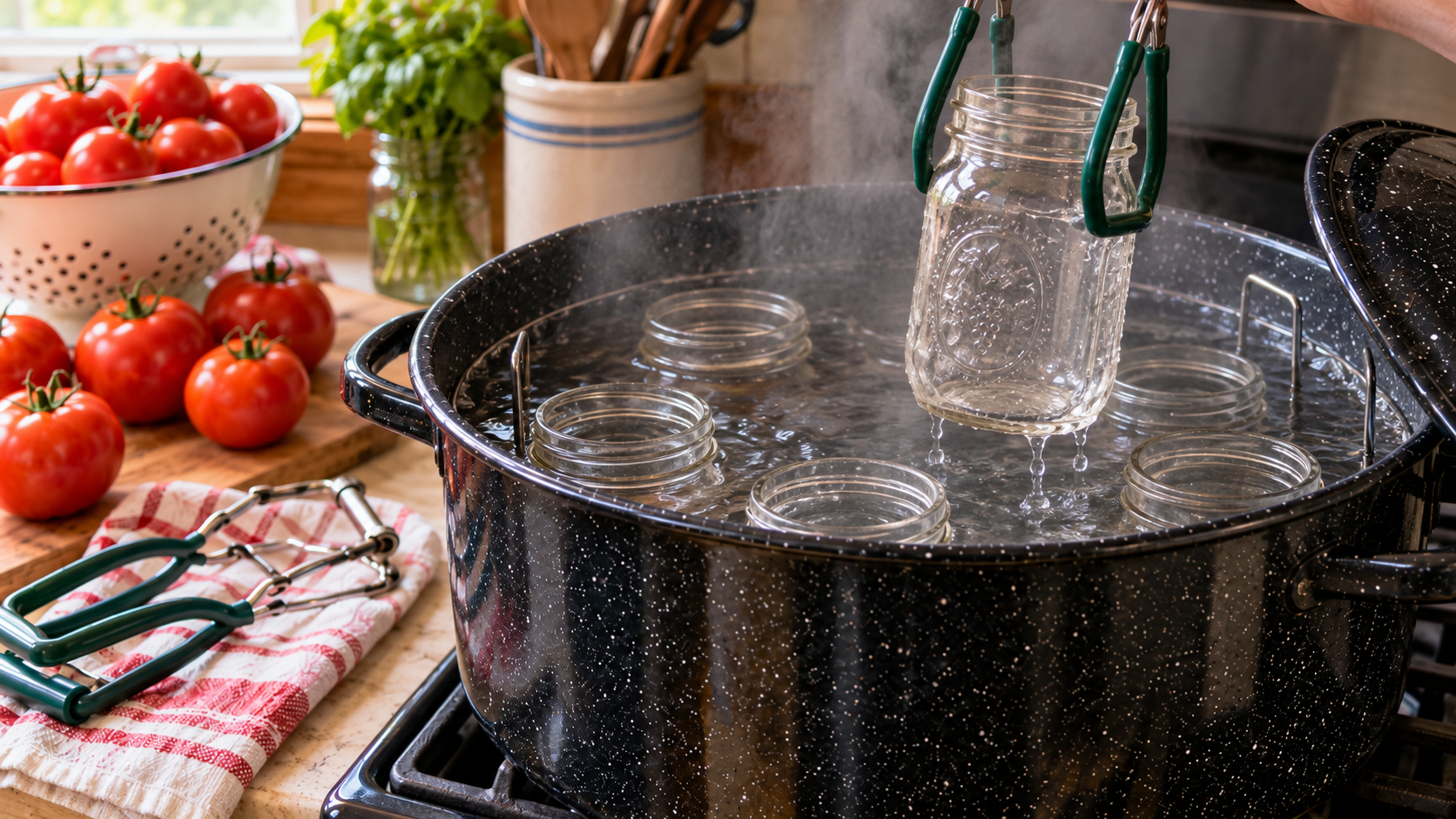 water-bath-canning-tomatoes-process under water jar clamp lift