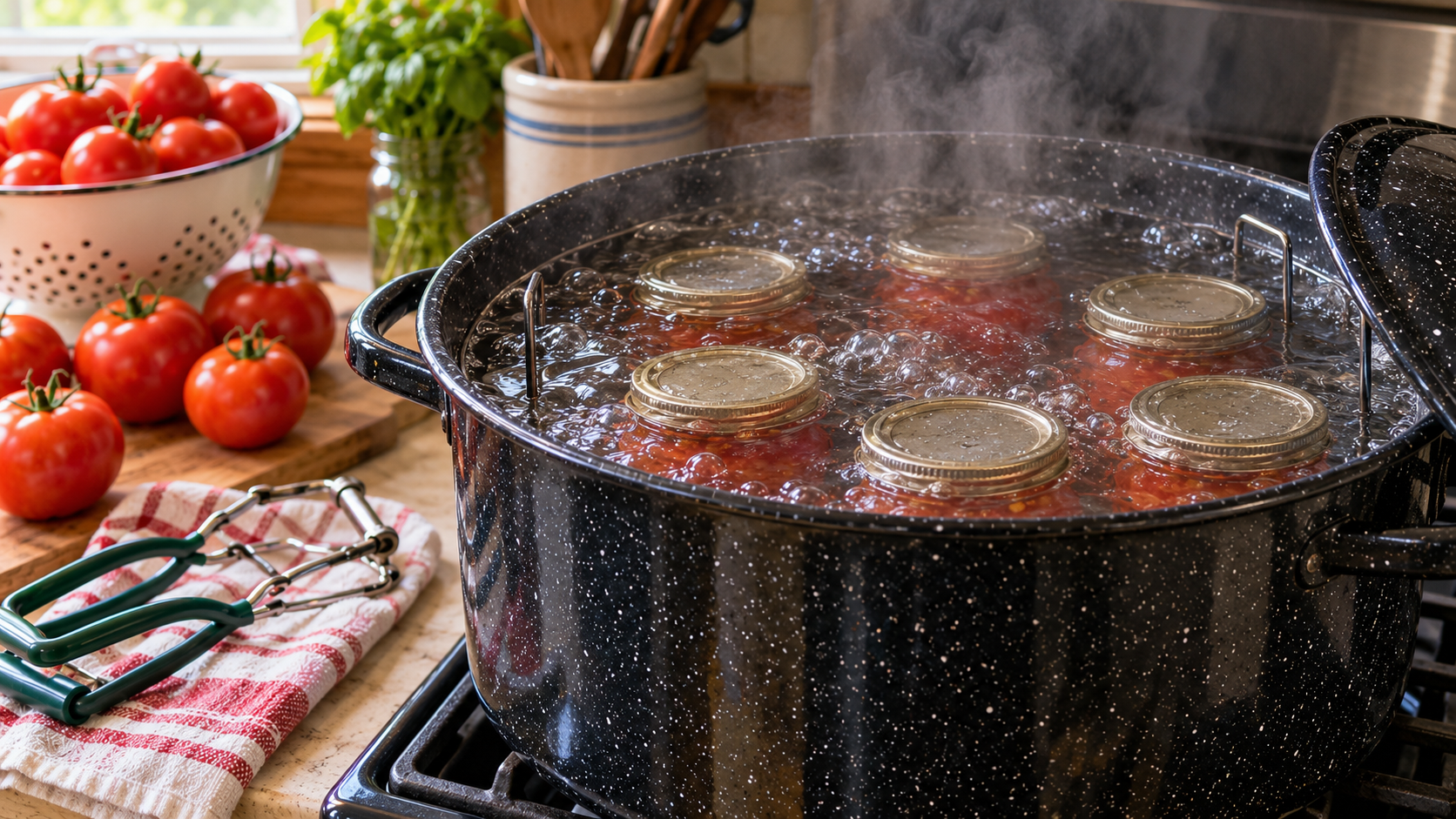 water-bath-canning-tomatoes-process under water rolling boil